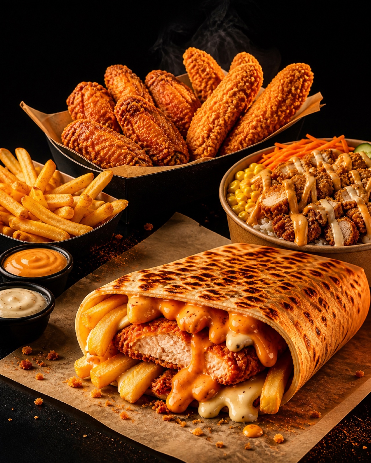 Crispo Taco, Wings, Tenders, Bowl, Pommes und Haussaucen