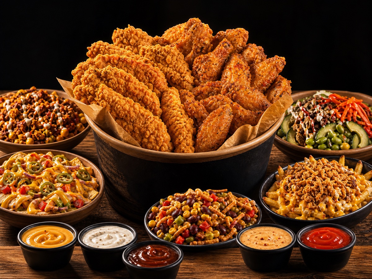 Crispo Party Bucket mit Wings, Tenders, Beilagen und Haussaucen